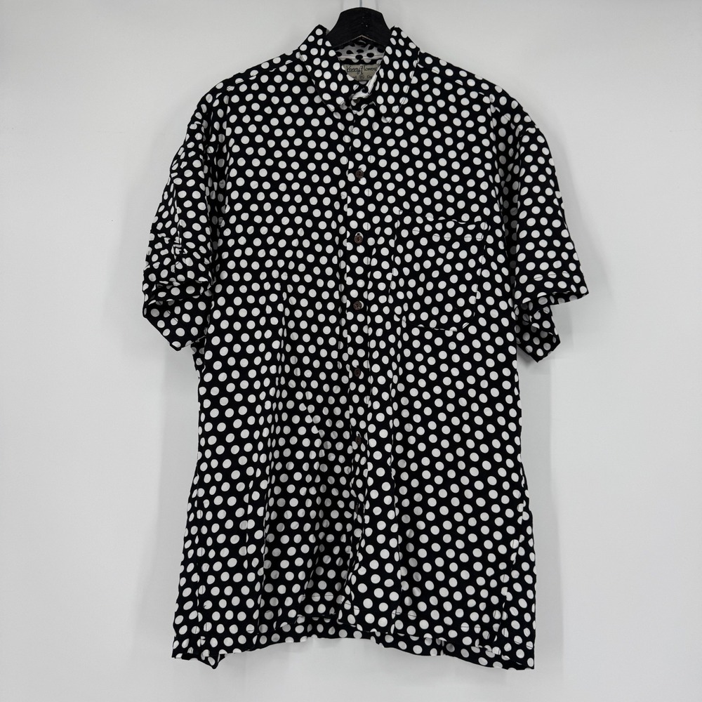 Kenny Flowers Island Classics Polka Dot Button Down Shirt XL Black White Organic